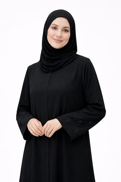 Women's Black Abaya with Hijab, Embroidered Sleeves, Modest Islamic Dress